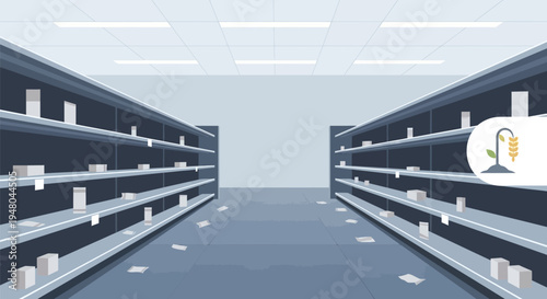Empty supermarket shelves in a store.