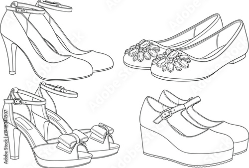 A professional collection of women footwear vector icons featuring elegant high heels stylish ballet flats with gems decorative bow sandals and platform wedge shoes for fashion design.