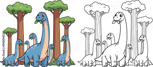 Cute Cartoon Brontosaurus Dinosaurs in Forest Adorable Prehistoric Wildlife Illustration