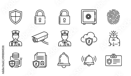 A set of security icons including shields, locks, and guards in a flat design style