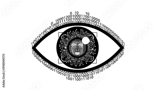 A vector graphic illustration of an eye with binary code surrounding it