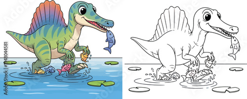 Cute Cartoon Spinosaurus Fishing in Water Adorable Prehistoric Wildlife Illustration