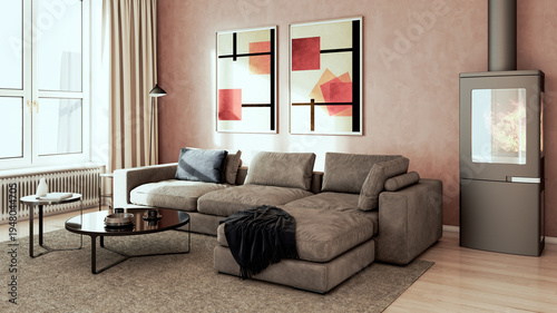 Large luxury modern bright interiors Living room mockup illustration 3D rendering Generated Color Image