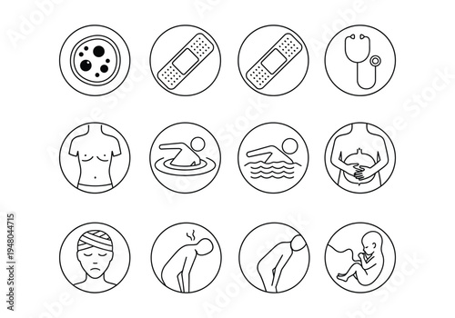 Illustrations of common medical and first aid symbols for health awareness