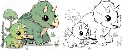 Cute Cartoon Triceratops Mother and Baby Dinosaurs Adorable Prehistoric Family Illustration
