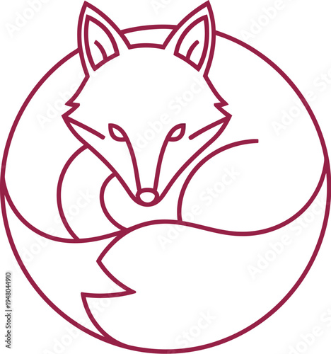 Minimalist line art logo design featuring a curled up fox resting peacefully inside a simple circular outline emblem