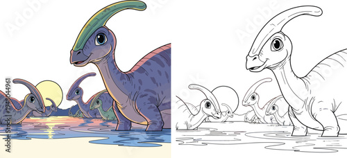 Cute Cartoon Parasaurolophus Dinosaurs at Sunset Lake Adorable Prehistoric Scene