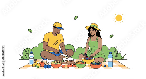 Couple Enjoying Picnic Outdoors Preparing Healthy Food Together on Sunny Day
