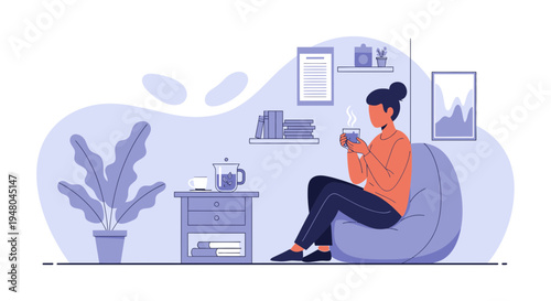 Cozy woman relaxing in bean bag chair with hot drink, home comfort, hygge lifestyle