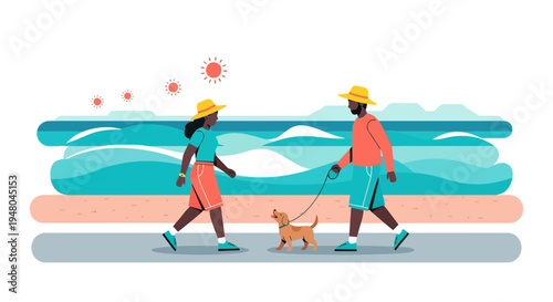 Couple Walking Dog on Beach Path with Ocean Waves and Sun