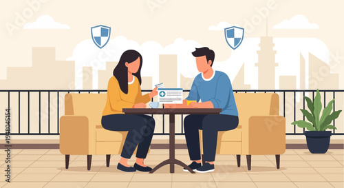 Couple meeting at cafe table with security shields above, discussing business or finances