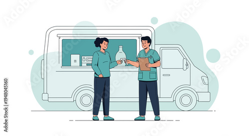 Customer buys drink from mobile food truck vendor, outdoor service, transaction