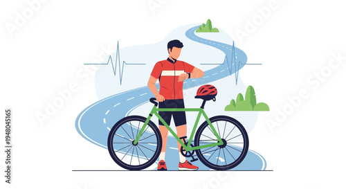 Cyclist checking smartwatch on winding road with heartbeat line, healthy lifestyle concept