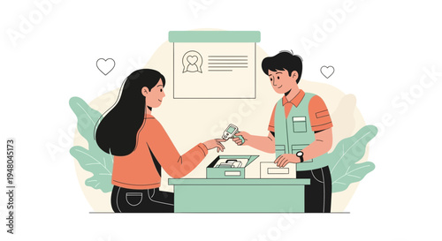 Customer Service Interaction: Woman Receives ID Card from Attendant at Counter