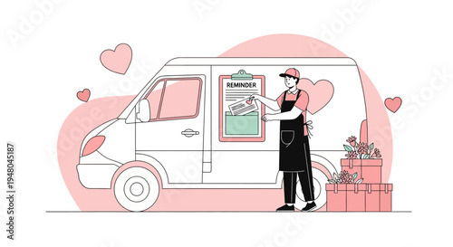 Delivery person with flowers and van, hearts, delivery service, floral gift