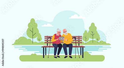 Elderly couple on park bench using tablet, enjoying technology and nature together