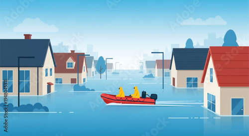 Flooded Neighborhood with Small Boat Rescue.