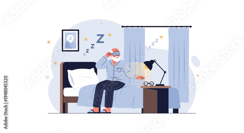 Elderly man in pajamas using VR headset in bed, symbolizing sleep technology and dreams