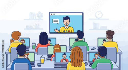 Online Class: Diverse students learning remotely via laptops with instructor on screen