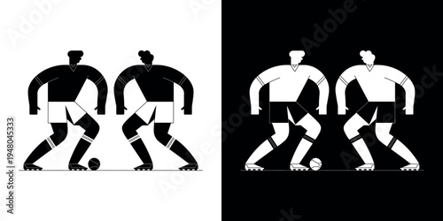 Black and white silhouettes of soccer players kicking ball