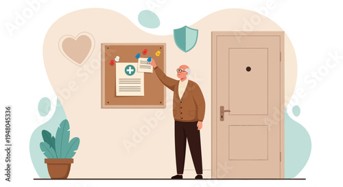 Elderly man pinning medical notice on bulletin board in nursing home hallway