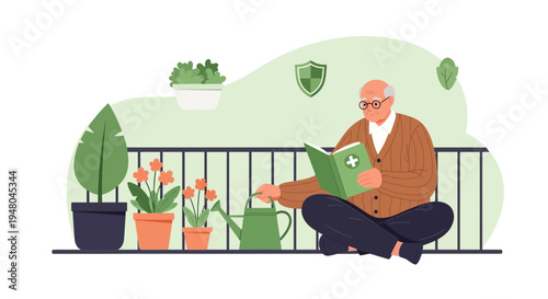 Elderly man reading a book and watering plants on a balcony, enjoying a peaceful hobby