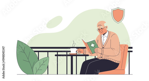 Elderly man reading book and drinking coffee on balcony, health insurance concept