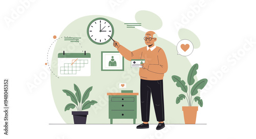 Elderly Man Planning Schedule, Time Management, Calendar, Clock, and Plants