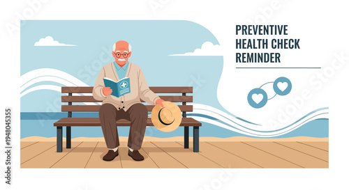 Elderly Man Reading Book on Bench by Sea - Preventive Health Check Reminder