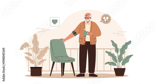 Elderly man with heart monitor and coffee, enjoying healthy retirement lifestyle
