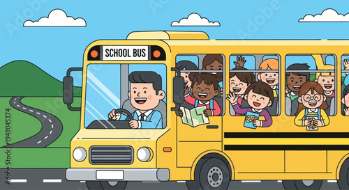 Happy diverse children riding yellow school bus with driver on sunny day, cartoon style