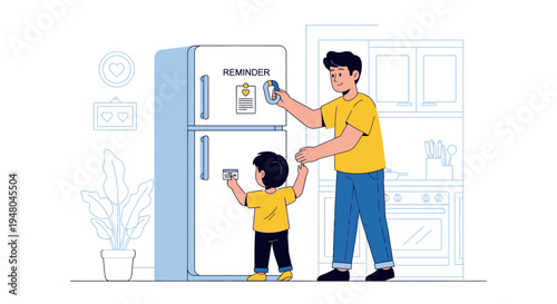 Father and son putting magnets on a refrigerator, family reminder and organization