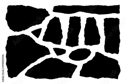 set of torn paper shapes, rough ripped strips and fragments, jagged grunge edges, collage scrap pieces and banners, black silhouette vector elements for label, sticker, background, template design