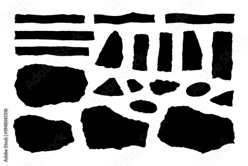set of torn paper shapes, rough ripped strips and fragments, jagged grunge edges, collage scrap pieces and banners, black silhouette vector elements for label, sticker, background, template design