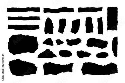 set of torn paper shapes, rough ripped strips and fragments, jagged grunge edges, collage scrap pieces and banners, black silhouette vector elements for label, sticker, background, template design