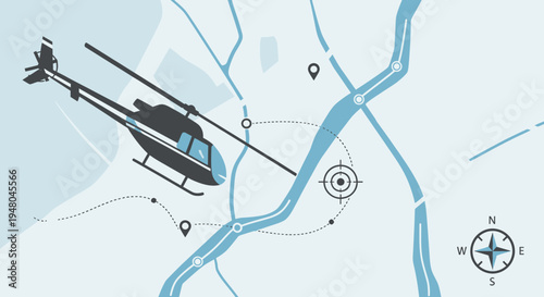An overhead view of a helicopter flying over a stylized map with rivers, location pins, and a compass rose, illustrating navigation or aerial surveillance.