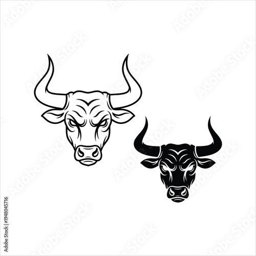 Angry Bull Head Vector Art with Fierce Expression and Curved Horns Isolated on White Background