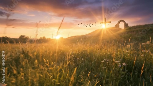 Jesus cross on a hill at sunset during Easter. Rural landscape with golden grass, a stone arch, and a flock of birds flying toward the glowing horizon light.