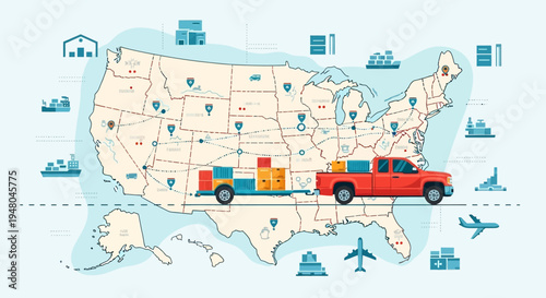 Logistics and supply chain network across the United States with a delivery truck and various transport icons.
