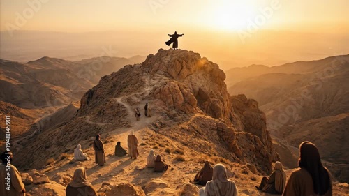 Jesus standing on desert mountain with arms outstretched to people. Religious scene depicting biblical teaching to followers at sunrise. Catholic faith concept.