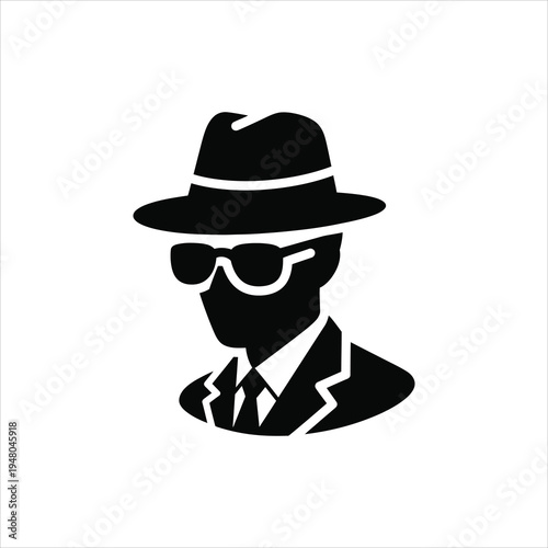 Man in Fedora and Suit with Sunglasses Silhouette Secret Agent Theme Isolated on white background