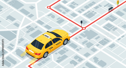 A yellow isometric taxi cab driving on a city map with a red route line indicating navigation or a journey.