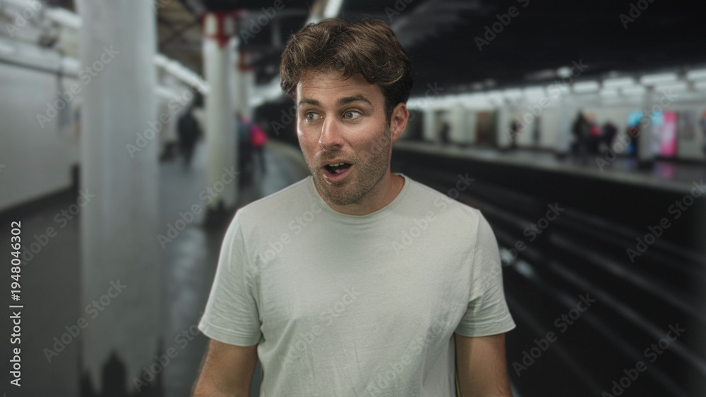 Obraz premium Man mouth open with surprised expression at train station building platform, crowd behind a column; surprise curiosity.