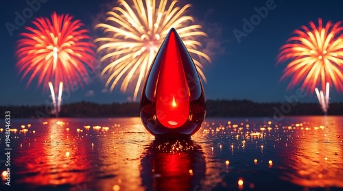 Glass blood drop sculpture with vibrant fireworks and night reflections