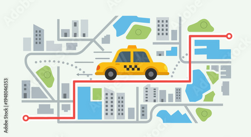 Yellow taxi cab driving on a city map with a highlighted red route, illustrating urban navigation and transportation services.