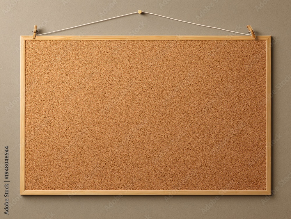 Fototapeta premium Empty cork board hanging on a wall with a string and clothespins