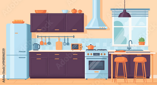 Cozy and well-equipped kitchen with modern appliances and warm lighting, perfect for culinary creations and family gatherings