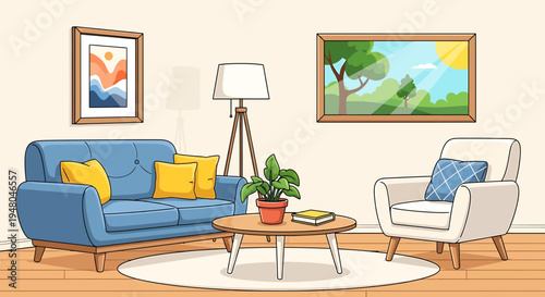 Cozy and modern cartoon living room interior with comfortable furniture, vibrant decor, and a warm inviting atmosphere, perfect for relaxation and everyday living