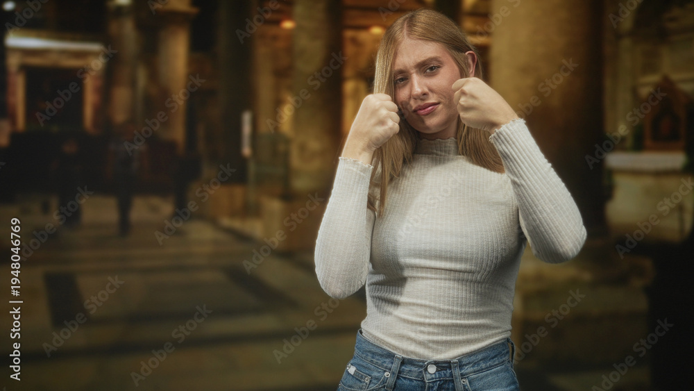 Fototapeta premium Woman clenches fists in a cathedral building, grimacing with fists raised near her face in jeans and sweater; defiance determination.