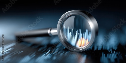 Magnifying glass over financial stock market data charts and graphs